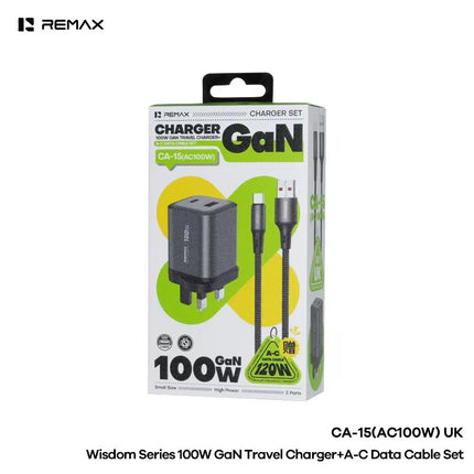 REMAX Wisdom Series 100W GaN Travel Charger+A-C Data Cable Set CA-15(AC100W) UK