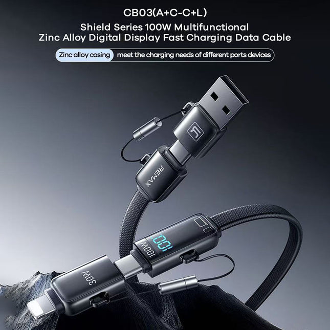 REMAX Shield Series 100W Multifunctional Zinc Alloy Digital Display Fast Charging Data Cable CB03(A+C-C+L) 1.2M