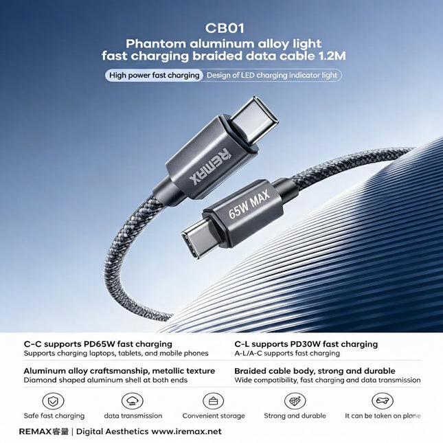 REMAX Phantom  aluminum alloy light fast charging braided data cable 1.2M CB01