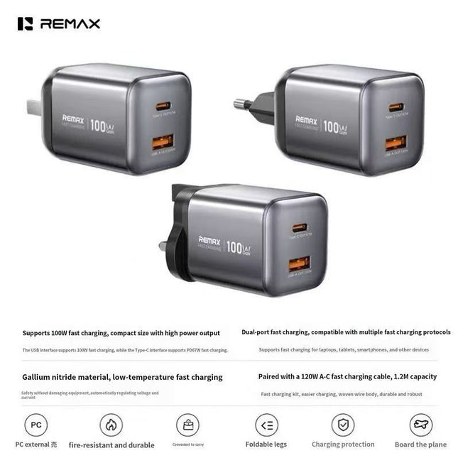REMAX Wisdom Series 100W GaN Travel Charger+A-C Data Cable Set CA-15(AC100W) UK