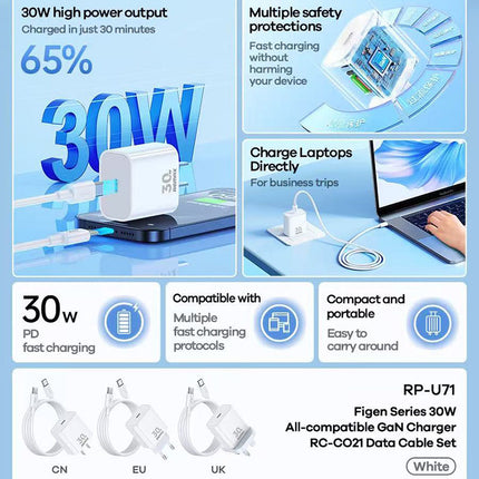 REMAX Figen Series 30W All-compatible GaN Charger+ RC-CO21 Data Cable Set RP-U71