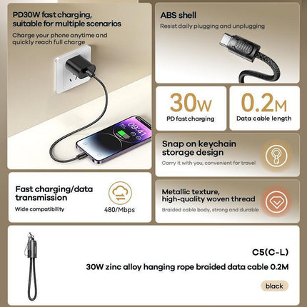 REMAX Zinc alloy Hanging Rope Braided  data cable 0.2M C5(C-L)  30W