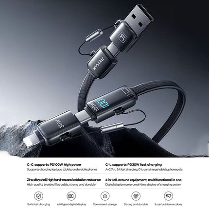 REMAX Shield Series 100W Multifunctional Zinc Alloy Digital Display Fast Charging Data Cable CB03(A+C-C+L) 1.2M