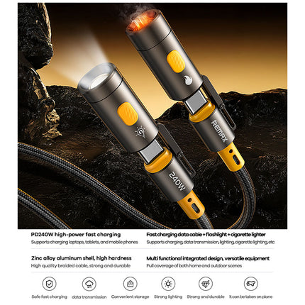 REMAX Walker Series 240W Zinc Alloy Flashlight Lighter Fast Charging Data Cable CB21(C-C) 1.2M