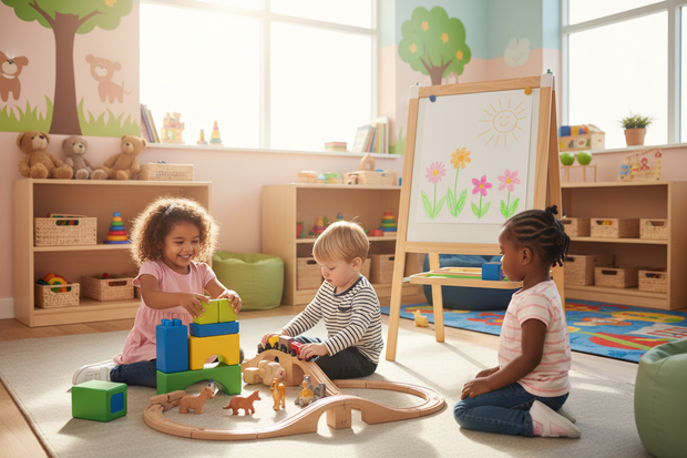 3 kids at a daycare playing