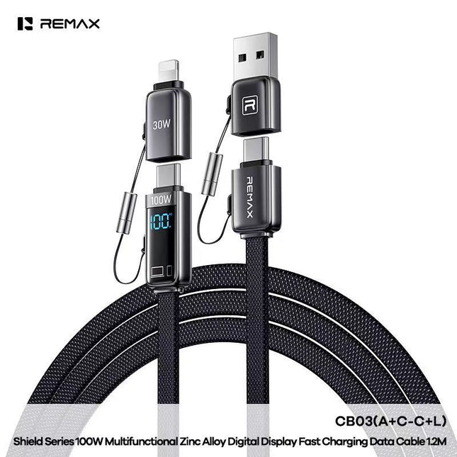 REMAX Shield Series 100W Multifunctional Zinc Alloy Digital Display Fast Charging Data Cable CB03(A+C-C+L) 1.2M