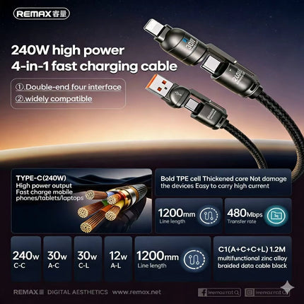 REMAX Vanguard 240W Multifunctional USB-to-USB-C Zinc Alloy Data 1.2M Cable C1(A+C-C+L)