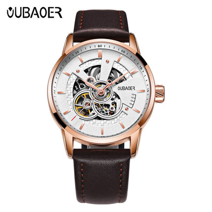 OUBAOER Men’s Skeleton Mechanical Watch, 42mm Large Dial, 30M Water-Resistant Wristwatch with Genuine Leather Strap