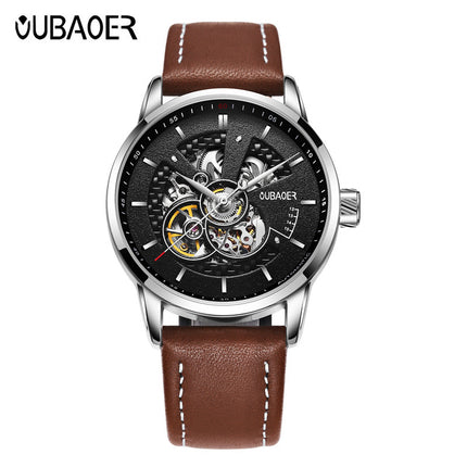 OUBAOER Men’s Skeleton Mechanical Watch, 42mm Large Dial, 30M Water-Resistant Wristwatch with Genuine Leather Strap