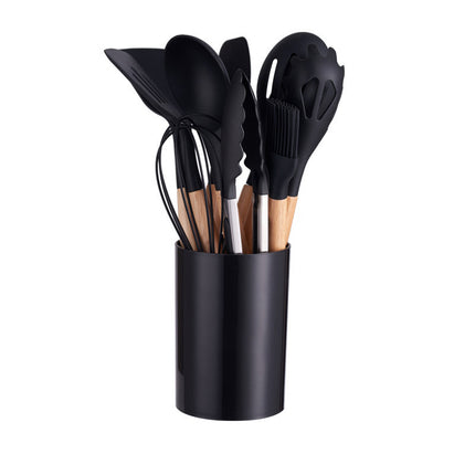12 Piece Non-Stick Silicone Kitchen Utensil Set with Wooden Handles and Storage Bin