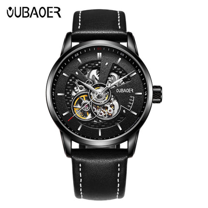 OUBAOER Men’s Skeleton Mechanical Watch, 42mm Large Dial, 30M Water-Resistant Wristwatch with Genuine Leather Strap