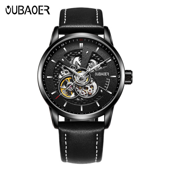 OUBAOER Men’s Skeleton Mechanical Watch, 42mm Large Dial, 30M Water-Resistant Wristwatch with Genuine Leather Strap