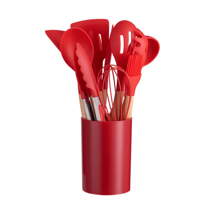 12 Piece Non-Stick Silicone Kitchen Utensil Set with Wooden Handles and Storage Bin