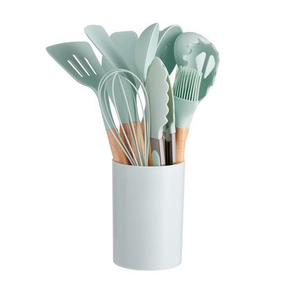 12 Piece Non-Stick Silicone Kitchen Utensil Set with Wooden Handles and Storage Bin