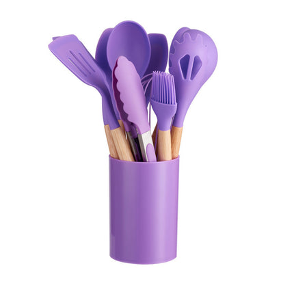 12 Piece Non-Stick Silicone Kitchen Utensil Set with Wooden Handles and Storage Bin