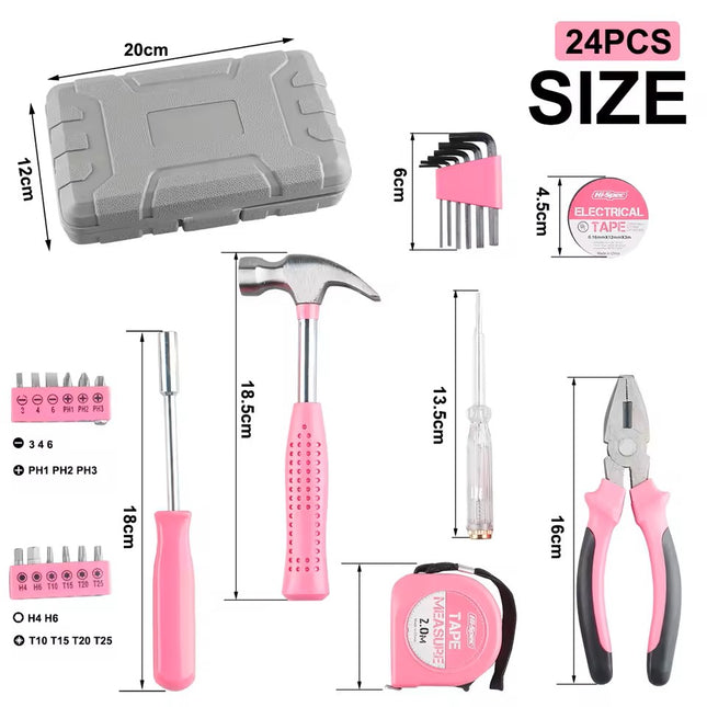 Set of pink tools including a hammer, screwdriver, pliers, and tape measure with dimensions displayed.