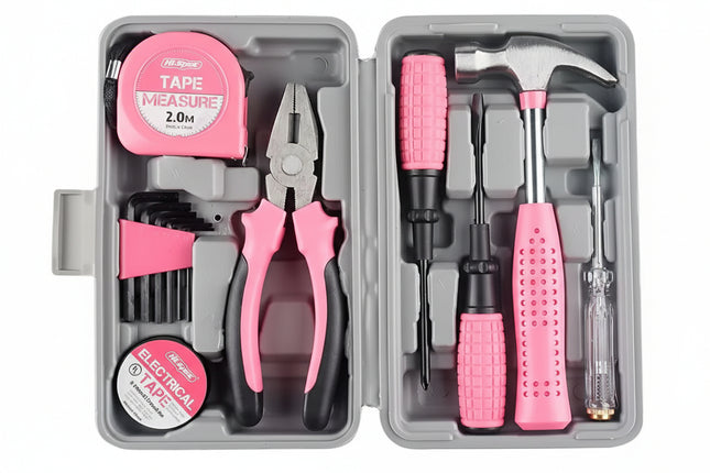 Tool kit with pink tools including a hammer, pliers, and screwdrivers in a gray case.