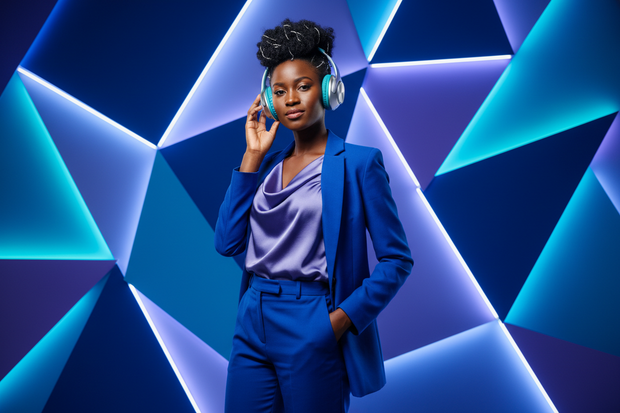african woman wearing headphones with a cool background