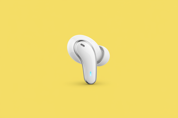 single ear bud in the center. yellow background