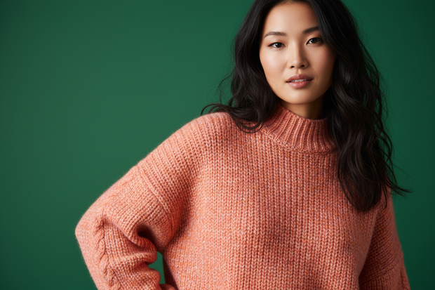 young asian woman close up wearing trendy sweater. random single colorful background